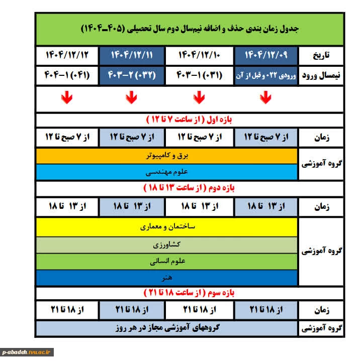 زمانبندی حذف و اضافه نیمسال دوم 1404